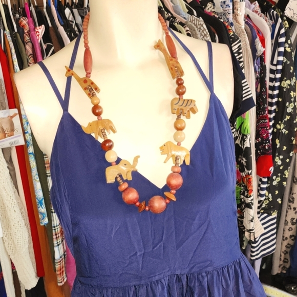 VINTAGE Rare 80s Boho Safari Wooden Animal Chunky Necklace - Picture 6 of 13